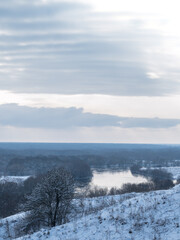 Winter landscape with snow-covered forest and river. Open water , cloudy weather
