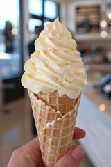 ice cream cone in hand. Female, woman, holding a fresh ice cream cone her hand. Vanilla ice cream in wafer cone. 