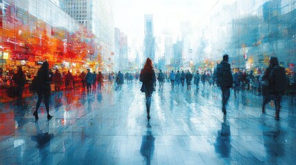 Abstract Cityscape Featuring People Walking Through a Modern Urban Street