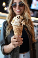 ice cream cone in hand. Female, woman, holding a fresh ice cream cone her hand. Vanilla ice cream with chocolate sprinkles, flakes, in wafer cone. 