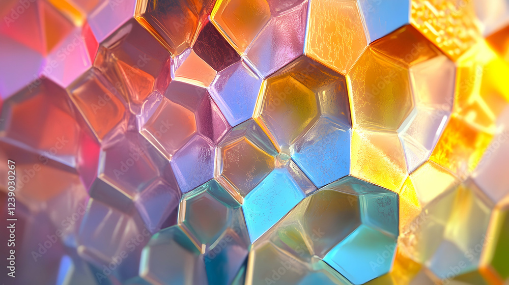 Poster a 3d prismatic honeycomb in rainbow foil and shadow, intricate and fragile