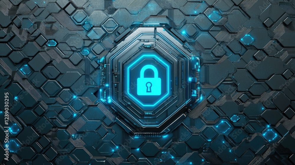 Poster 3d design of a blue lock icon surrounded by digital circuits on a hexagonal pattern background.