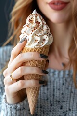 ice cream cone in hand. Female, woman, holding a fresh ice cream cone her hand. Vanilla ice cream with chocolate sprinkles, flakes, in wafer cone. 