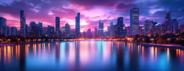 Fototapeta premium Vibrant Seoul Skyline at Dusk with Lotte World Tower Reflections on River