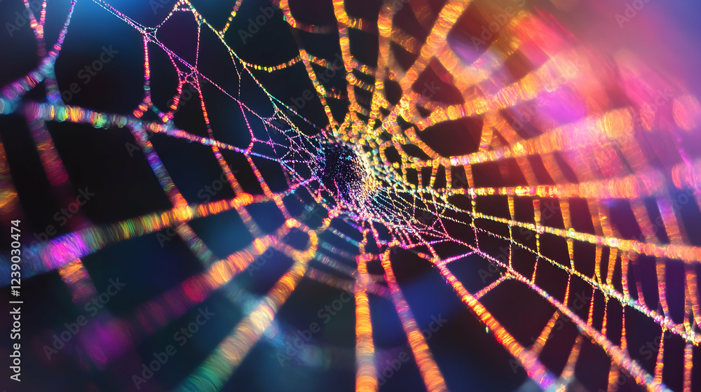 Poster a 3d prismatic spiderweb in rainbow foil and void, intricate and fragile