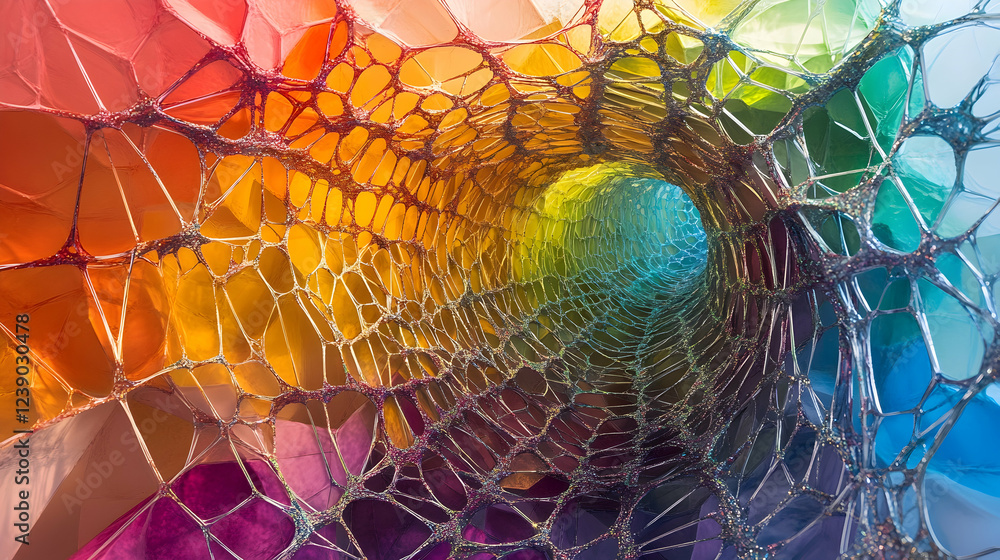 Poster a 3d prismatic spiderweb in rainbow foil and void, intricate and fragile