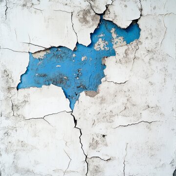 Cracked White Wall with Blue Paint Peeking Through Surface Damage