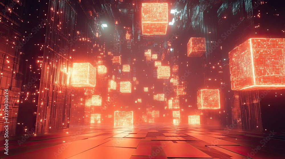 Poster 3d-rendered futuristic metaverse with glowing digital cubes and interconnected blocks symbolizing te