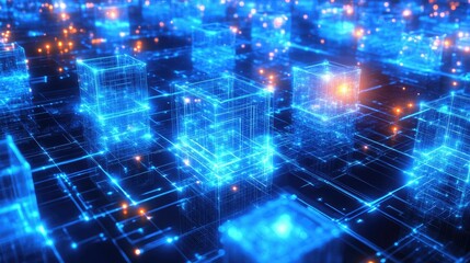 Obraz premium 3D-rendered futuristic metaverse with glowing digital cubes and interconnected blocks symbolizing technology networks.