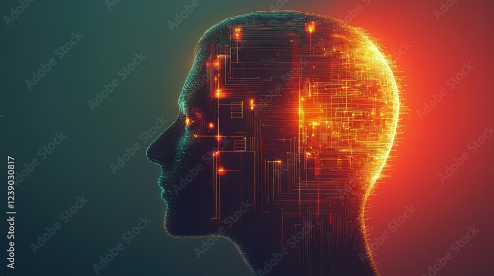 Poster 3d-rendered head outline with ai-related icons and glowing circuit graphics, representing modern tec