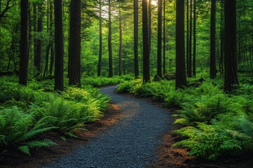 Fototapeta premium Tranquil Forest Pathway in Impressionist Style Surrounded by Lush Greenery and Sunlit Foliage