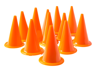 Collection of bright orange traffic cones arranged in a scattered pattern, isolated on transparent background, PNG, cut out