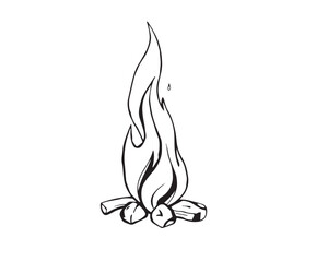 Classic oil painting style depiction of a fire flame with wood fire art symbol, blurred bokeh effect. Black and white line art illustration, clear background, simple lines, sharp subject focus, Vector