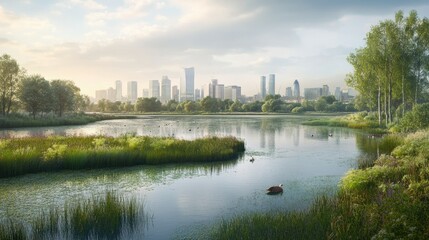 Fototapeta premium A balance of nature and city life at Limmo Peninsula Ecological Park, where wetlands meet the urban skyline of London, UK.