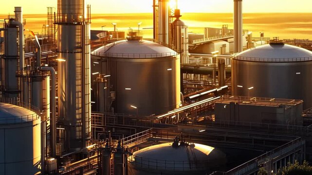 The industrial complex is bathed in the warm glow of a sunset, showcasing large storage tanks and complex piping. Activity is visible as workers move around in the distance.