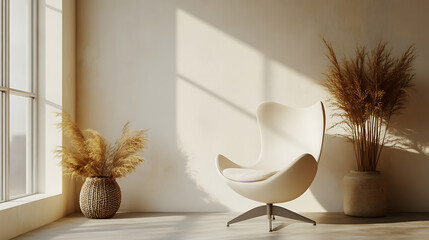 Serene Minimalist Living Room Interior with Modern Egg Chair and Pampas Grass