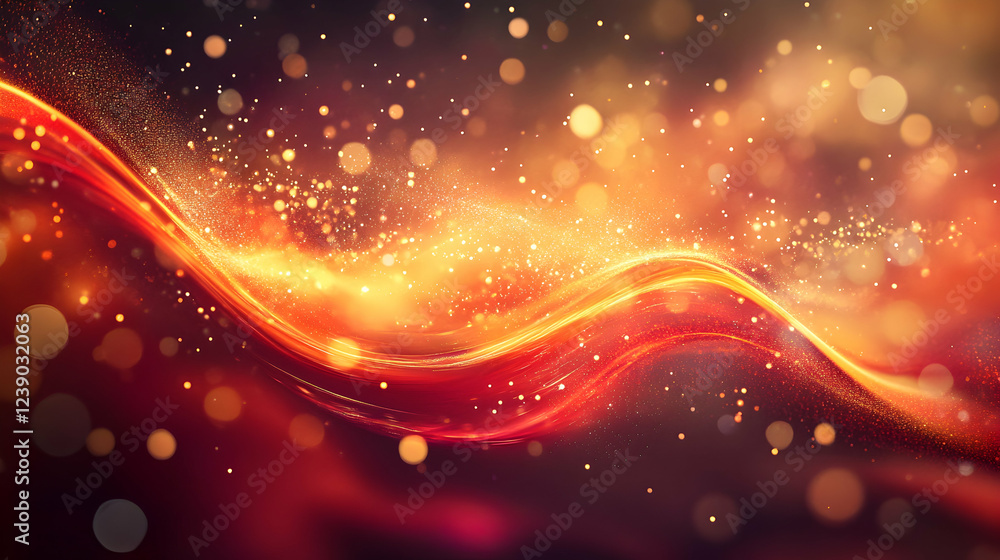 Poster a bold and intense deep red and amber fluid composition, with soft waves, neon glow accents, and sca