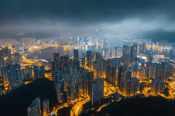 Fototapeta premium Cityscape view with plenty of tall building at night, Nightlife in city with warm light, Aerial view of building in civilization town.