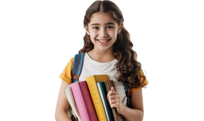 Smiling active excellent best student schoolgirl holding books on a transparent backgropund