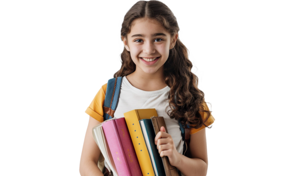 Smiling active excellent best student schoolgirl holding books on a transparent backgropund - Powered by Adobe