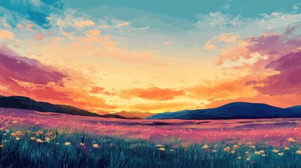 Obraz premium Vibrant Sunset Over a Wildflower Meadow Landscape