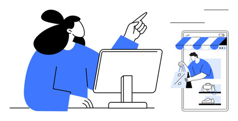 Woman pointing at computer monitor, stylized online shopping mobile interface. Ideal for online commerce, digital marketing, virtual stores, customer interaction, tech innovation, user engagement