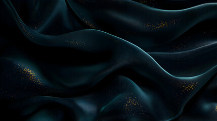 Obraz premium A dramatic black and teal background featuring fluid fabric-inspired waves, deep shadows, and subtle golden specks that add a touch of opulence