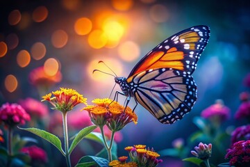 Fototapeta premium Low Light Monarch Butterfly on Flower - Delicate Night Bloom