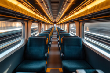 Interior view of business class train with big seat and space, Luxury train with comfy couch, Inside view of small train with window seat.