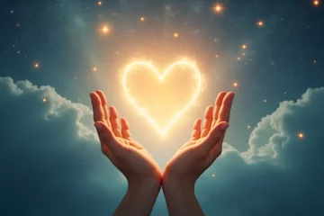 Poster Illuminated heart shape in hands, magical atmosphere, night sky with stars, love and positivity theme