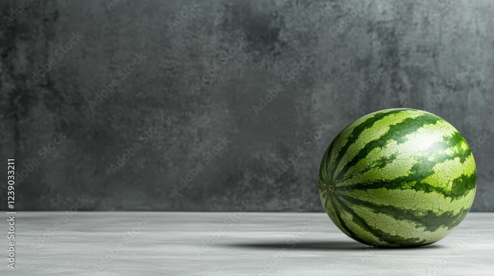 Poster a whole watermelon is placed on a gray surface, showcasing its rich green striped shell with a subtl