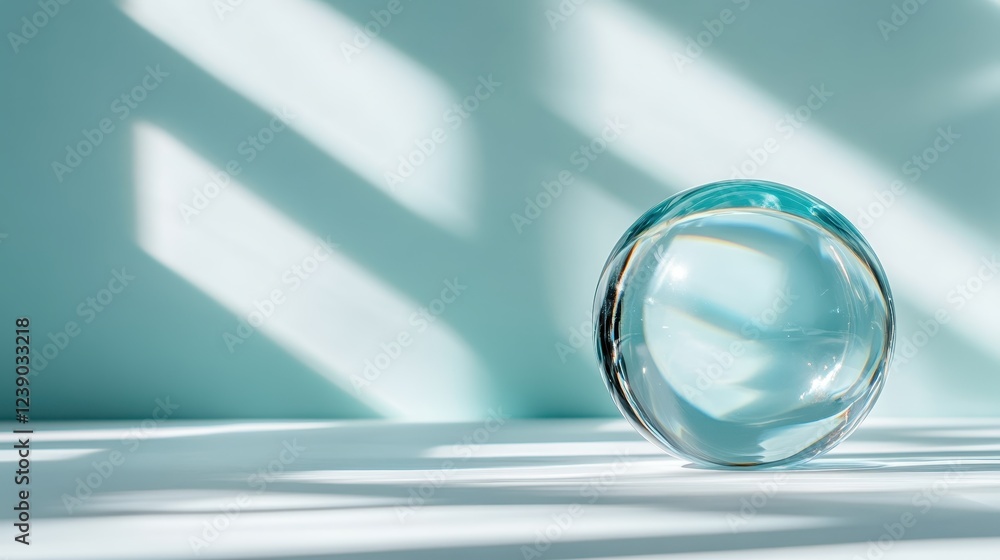 Poster a clear glass crystal ball sits on a white surface, reflecting soft light patterns created by shadow