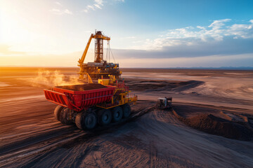 Obraz premium Aerial view of quarry with dump truck and excavator, Mining industry with machine, Tunnel making with massive excavator and dump truck.