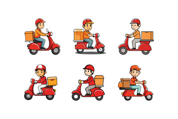 Set of Scooter with Delivery Man Vector Illustration

