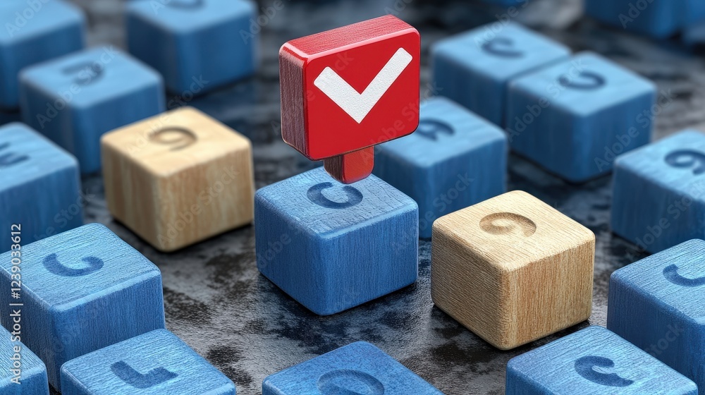 Poster red checkmark on blue and brown keyboard keys with numbers
