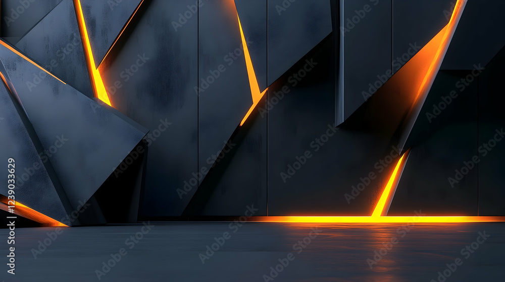 Poster a dynamic 3d composition with a dark gray backdrop, enhanced by a soft light gradient and glowing, g