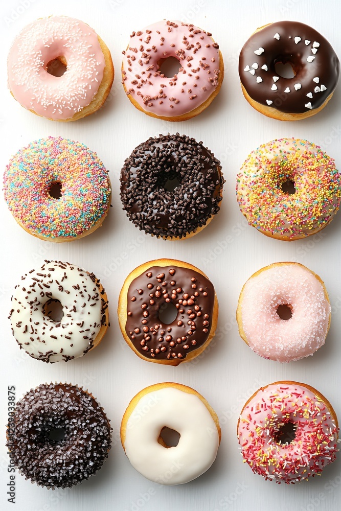 Poster assorted donuts with colorful toppings arranged in a grid on a white surface overhead view