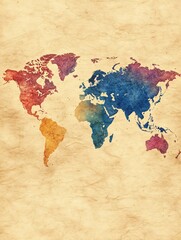 Watercolor World Map on Textured Paper Background with Vibrant Colors and Artistic Style