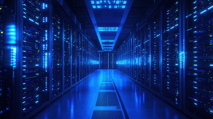 Fototapeta premium This environment showcases a futuristic data center with multiple rows of advanced servers. The blue lighting enhances the high-tech atmosphere, indicative of ongoing data processing activities