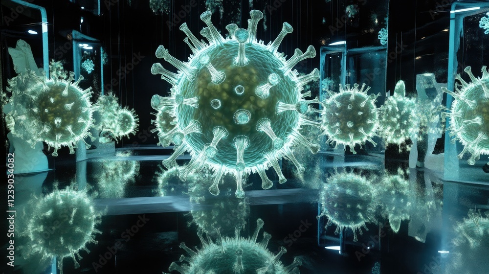 Poster a futuristic display of glowing viruses, set in a reflective environment, emphasizing their intricat
