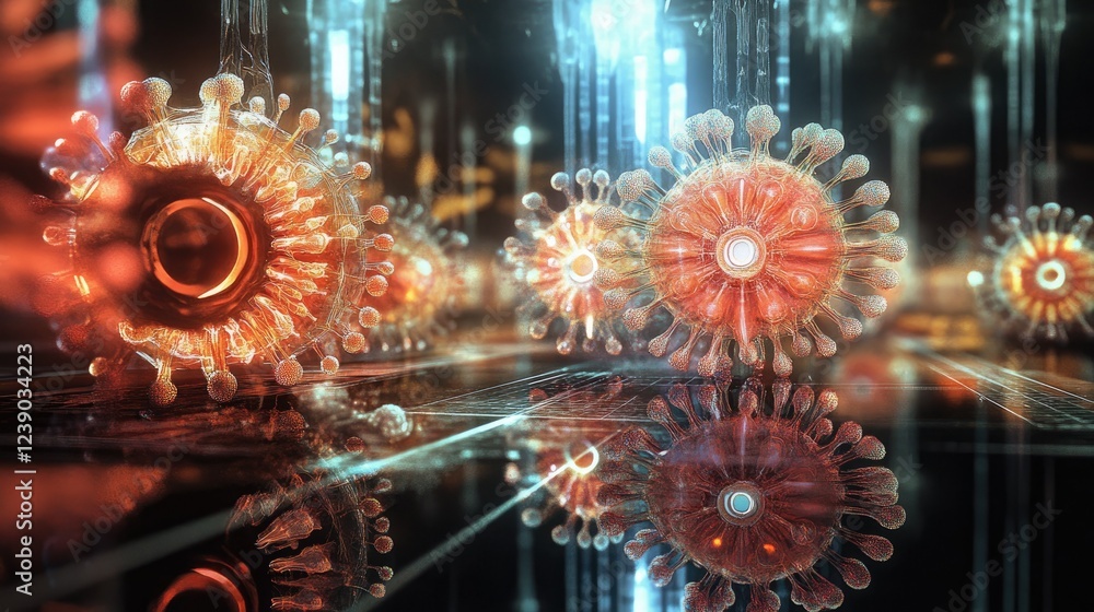 Poster a futuristic display of glowing viruses, set in a reflective environment, emphasizing their intricat