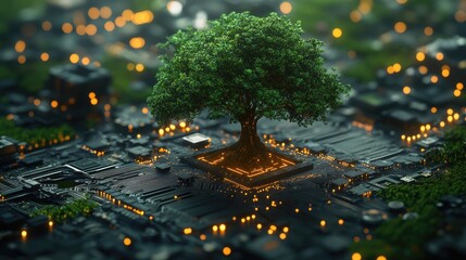 A visually striking digital artwork depicting lush green trees rising from a futuristic circuit board.