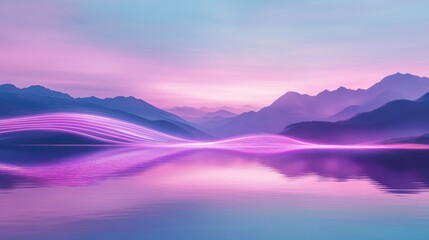 Fototapeta premium A futuristic neon wave foil glowing in violet light, reflecting on a serene lake under a blue pastel sky with mountain silhouettes.