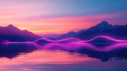A futuristic neon wave foil glowing in violet light, reflecting on a serene lake under a blue pastel sky with mountain silhouettes.