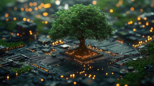 A visually striking digital artwork depicting lush green trees rising from a futuristic circuit board. - Powered by Adobe