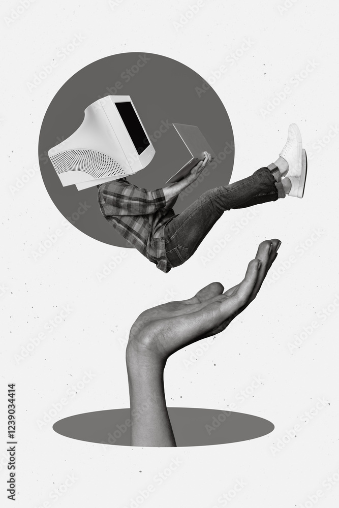 Aufkleber poster ads collage of weird strange marketer with monitor face obsessed gadget fall down had use net