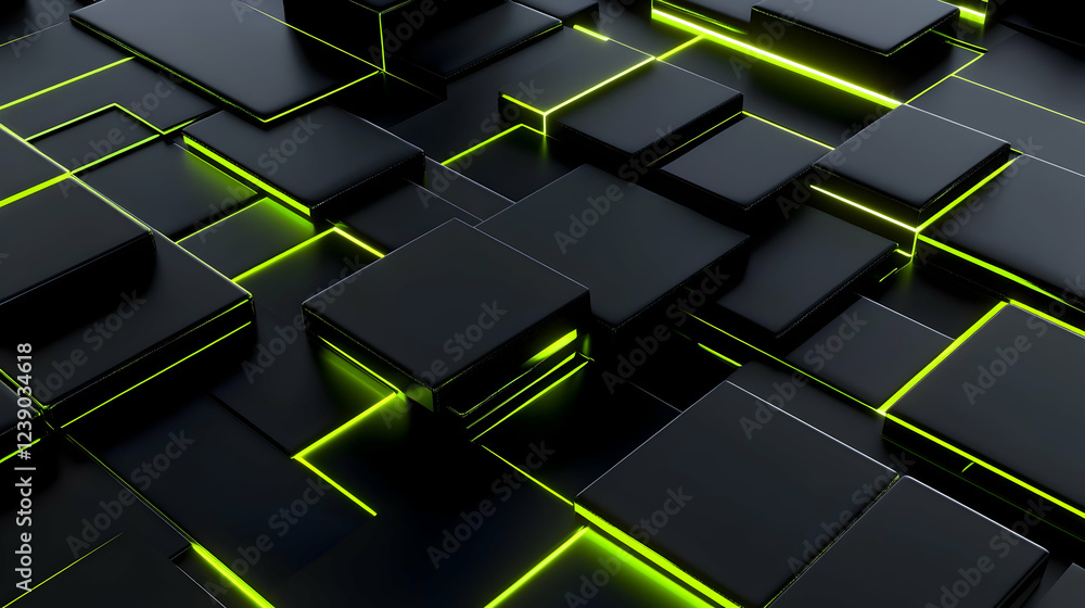Poster a futuristic 3d abstract design with a smooth gradient of neon green and black, featuring geometric 