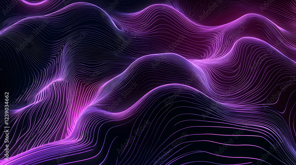 Wall mural a futuristic 3d abstract wave pattern with a gradient of electric purple and black, featuring glowin