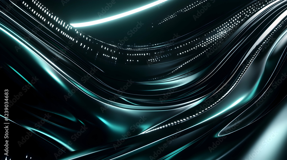 Aufkleber a futuristic abstract background with deep black and emerald tones, featuring fluid metallic waves a