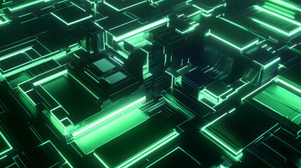 A futuristic 3D abstract design with a smooth gradient of neon green and black, featuring geometric shapes and glowing edges